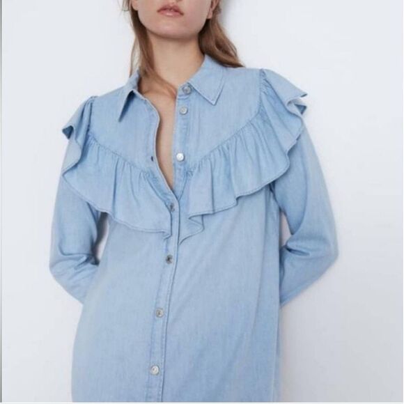 ZARA Dress Womens Extra Small Blue Ruffle Denim Mini Shirt Dress Blogger Fave - Picture 2 of 14